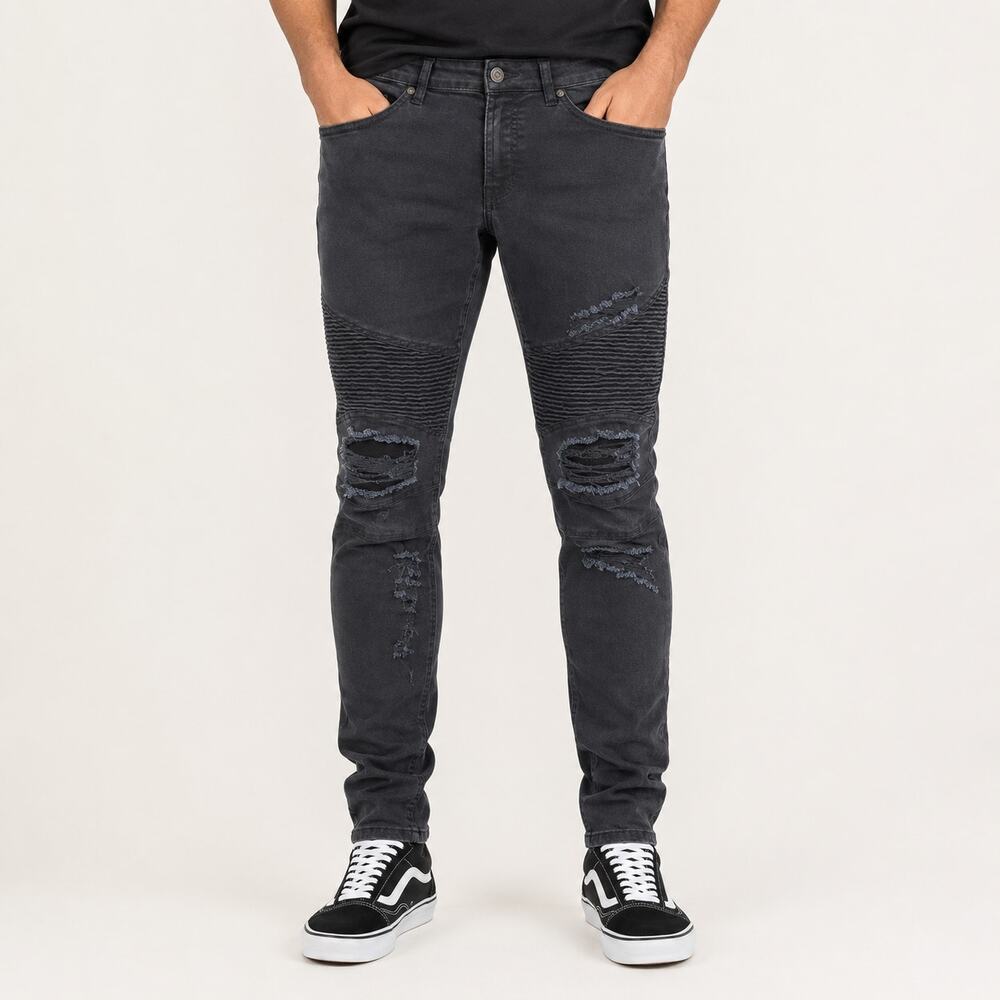 H&M Divided Men 36x30 Black Skinny Jeans Distressed Ripped Moto Biker Grunge Y2K